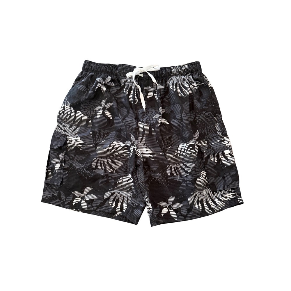 Kanu Surf Mens 3X Black White Tropical Floral Cargo Swim Trunks Board Shorts